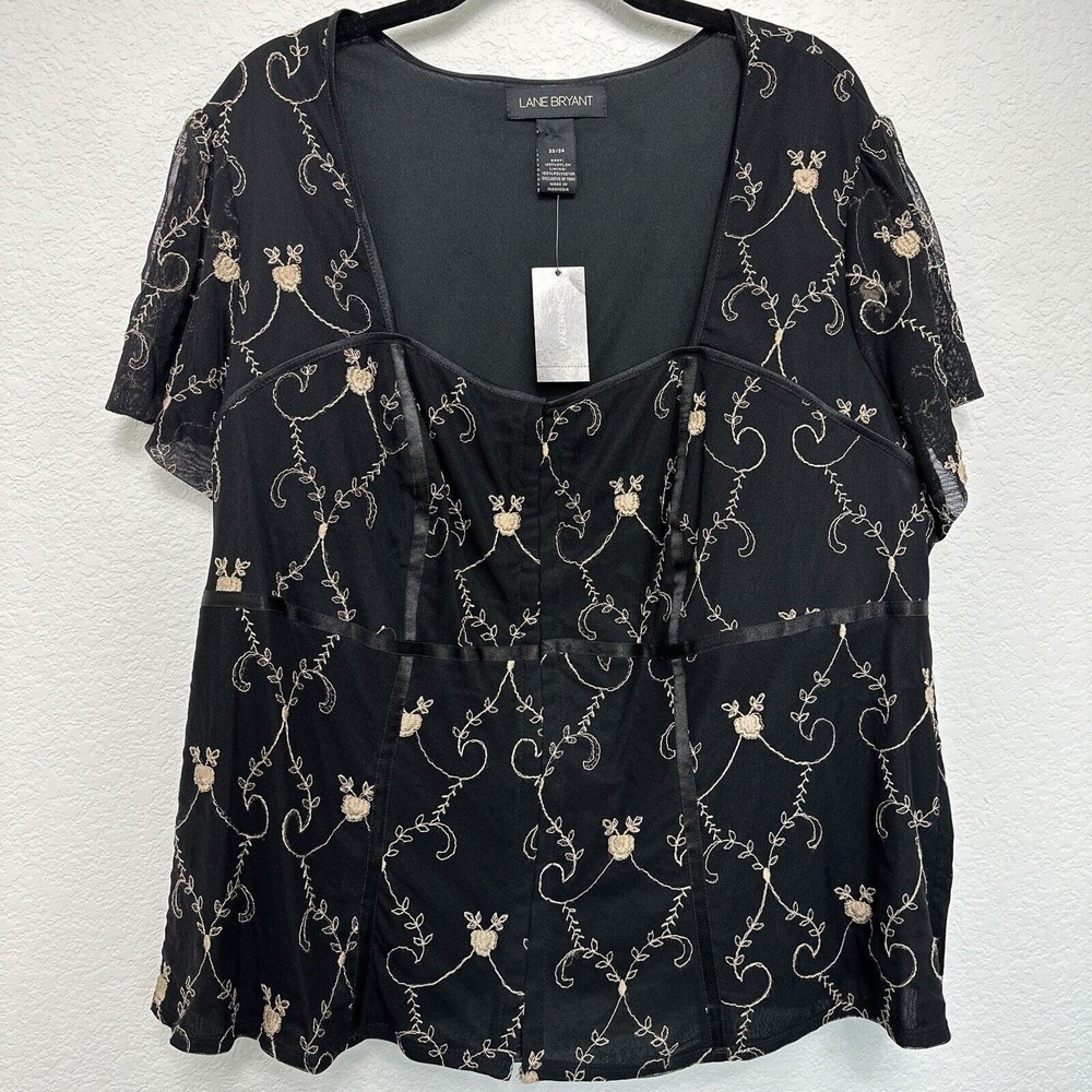 Lane Bryant Blouse Womens 22/24 Lined Corset Front Closure Embroidered Black NEW